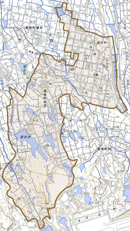 香南町由佐とその周辺の地図。町の範囲を重ねている