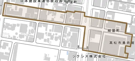 紺屋町とその周辺の地図。町の範囲を重ねている