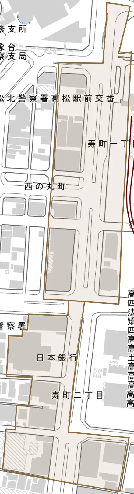 寿町とその周辺の地図。町の範囲を重ねている