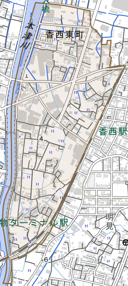 香西東町とその周辺の地図。町の範囲を重ねている