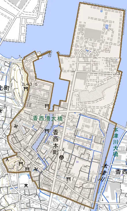 香西本町とその周辺の地図。町の範囲を重ねている