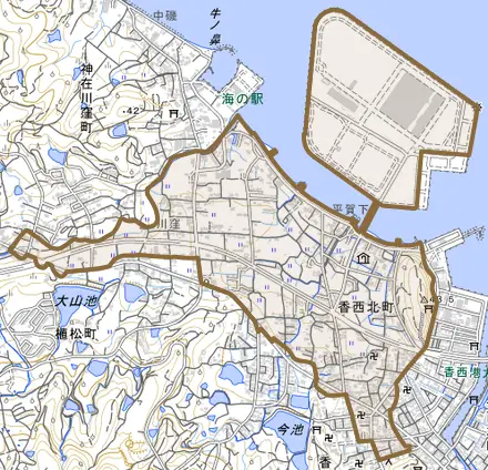 香西北町とその周辺の地図。町の範囲を重ねている