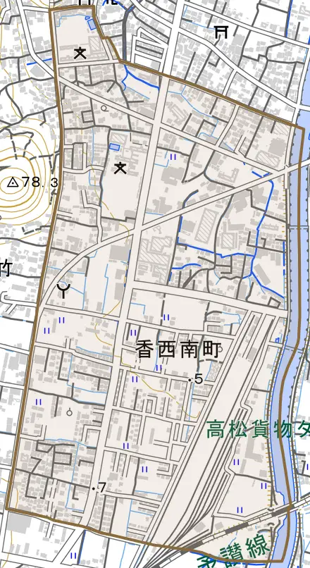 香西南町とその周辺の地図。町の範囲を重ねている