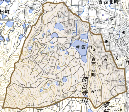 香西西町とその周辺の地図。町の範囲を重ねている