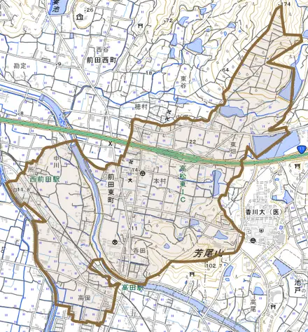 前田東町とその周辺の地図。町の範囲を重ねている