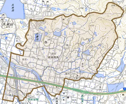 前田西町とその周辺の地図。町の範囲を重ねている