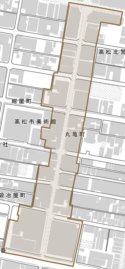 丸亀町とその周辺の地図。町の範囲を重ねている