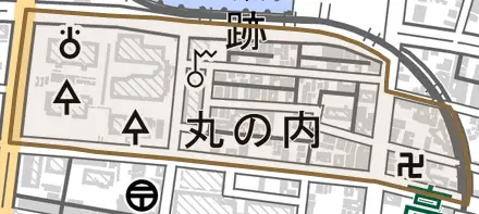 丸の内とその周辺の地図。町の範囲を重ねている