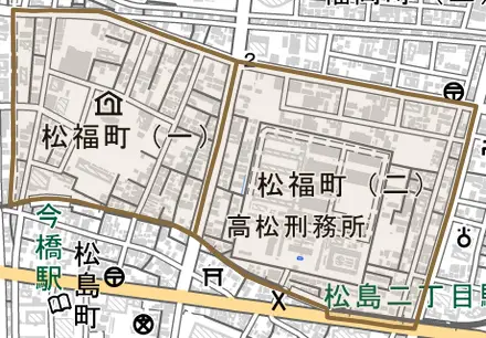 松福町とその周辺の地図。町の範囲を重ねている
