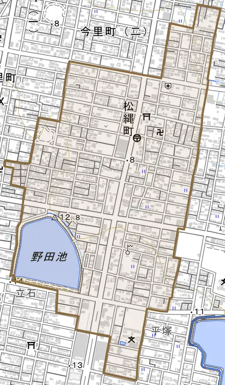 松縄町とその周辺の地図。町の範囲を重ねている