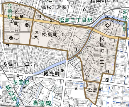 松島町とその周辺の地図。町の範囲を重ねている
