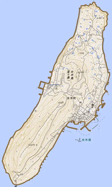 女木町とその周辺の地図。町の範囲を重ねている