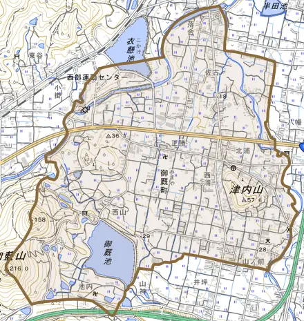御厩町とその周辺の地図。町の範囲を重ねている