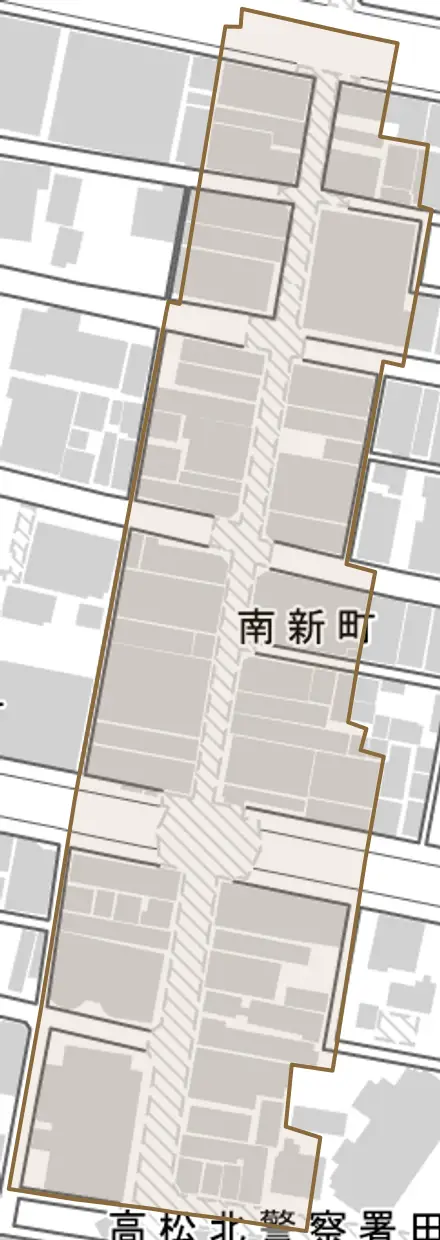 南新町とその周辺の地図。町の範囲を重ねている