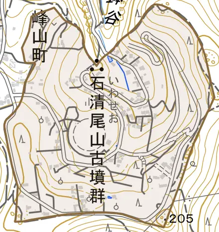 峰山町とその周辺の地図。町の範囲を重ねている