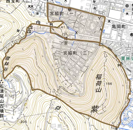 宮脇町とその周辺の地図。町の範囲を重ねている