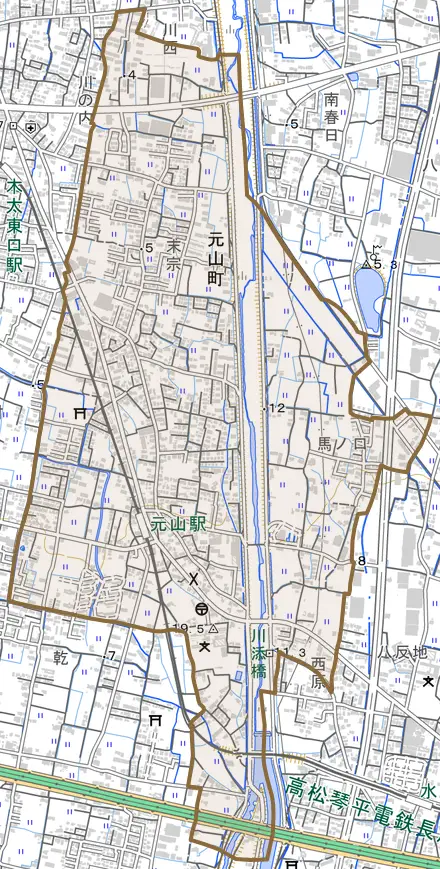 元山町とその周辺の地図。町の範囲を重ねている
