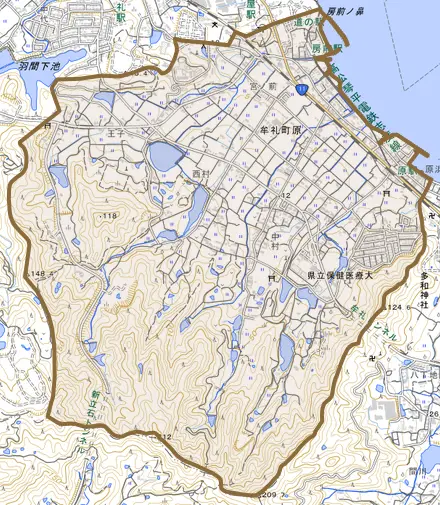 牟礼町原とその周辺の地図。町の範囲を重ねている