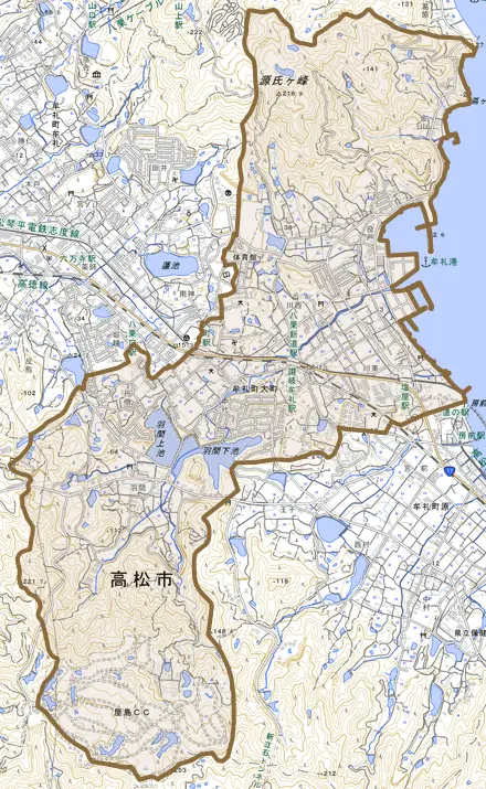 牟礼町大町とその周辺の地図。町の範囲を重ねている