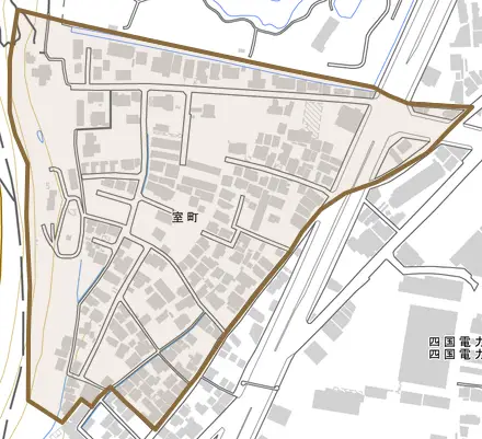 室町とその周辺の地図。町の範囲を重ねている