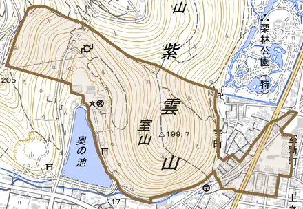 室新町とその周辺の地図。町の範囲を重ねている