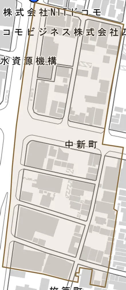 中新町とその周辺の地図。町の範囲を重ねている