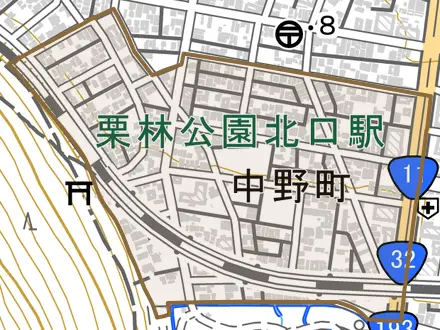 中野町とその周辺の地図。町の範囲を重ねている