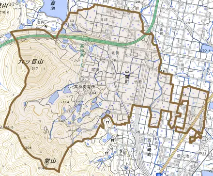 中間町とその周辺の地図。町の範囲を重ねている