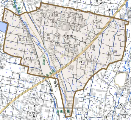成合町とその周辺の地図。町の範囲を重ねている