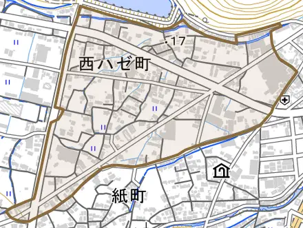 西ハゼ町とその周辺の地図。町の範囲を重ねている