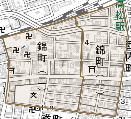 錦町とその周辺の地図。町の範囲を重ねている