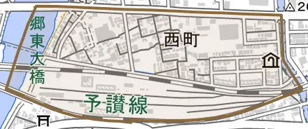 西町とその周辺の地図。町の範囲を重ねている