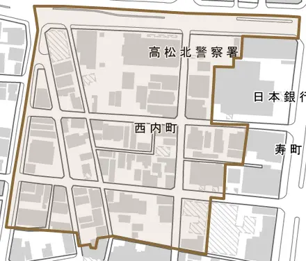 西内町とその周辺の地図。町の範囲を重ねている
