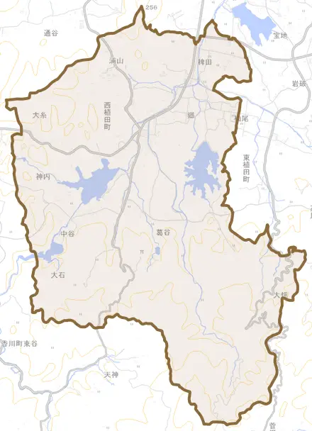 西植田町とその周辺の地図。町の範囲を重ねている