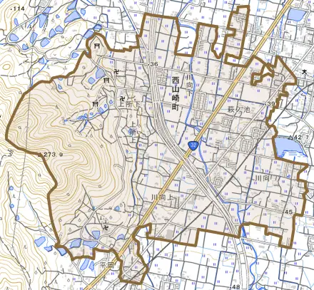 西山崎町とその周辺の地図。町の範囲を重ねている
