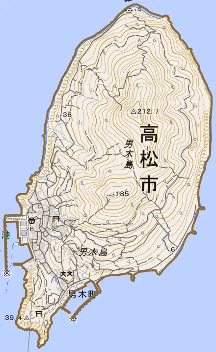 男木町とその周辺の地図。町の範囲を重ねている
