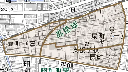 扇町とその周辺の地図。町の範囲を重ねている