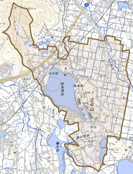 岡本町とその周辺の地図。町の範囲を重ねている