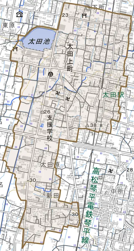 太田上町とその周辺の地図。町の範囲を重ねている