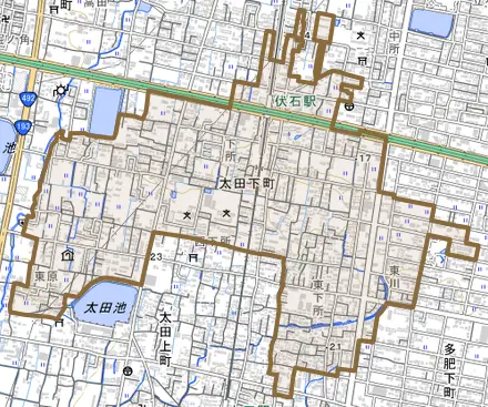 太田下町とその周辺の地図。町の範囲を重ねている