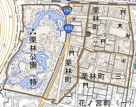 栗林町とその周辺の地図。町の範囲を重ねている