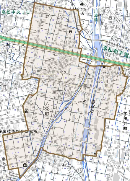 六条町とその周辺の地図。町の範囲を重ねている