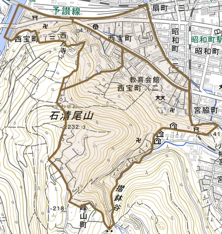 西宝町とその周辺の地図。町の範囲を重ねている