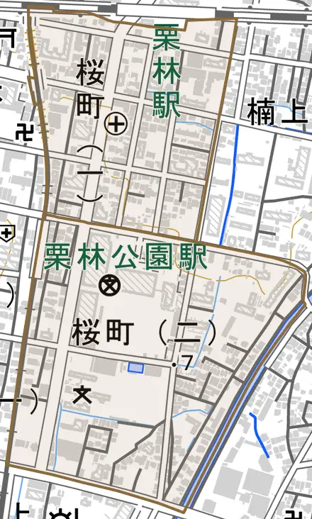 桜町とその周辺の地図。町の範囲を重ねている