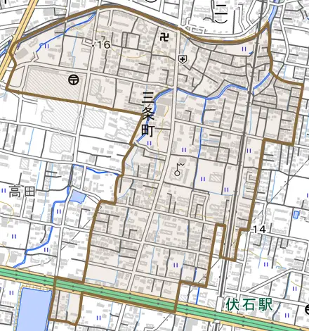 三条町とその周辺の地図。町の範囲を重ねている