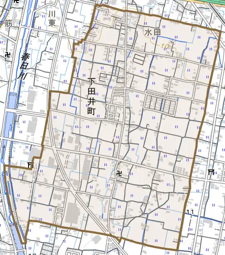 下田井町とその周辺の地図。町の範囲を重ねている