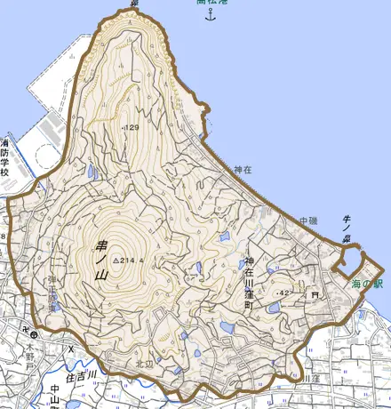 神在川窪町とその周辺の地図。町の範囲を重ねている