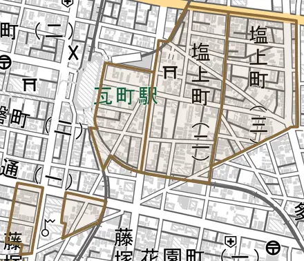 塩上町とその周辺の地図。町の範囲を重ねている