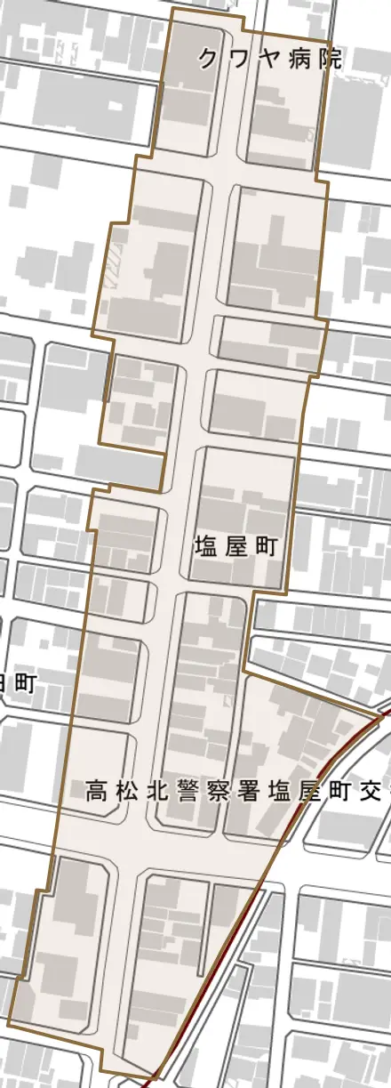 塩屋町とその周辺の地図。町の範囲を重ねている