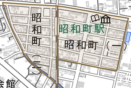 昭和町とその周辺の地図。町の範囲を重ねている